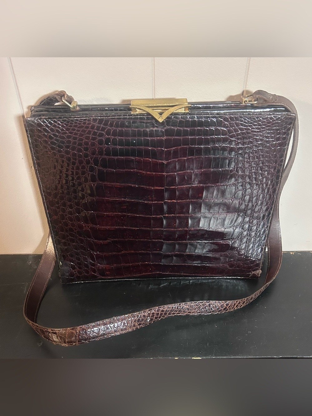 Vintage Bellestone Brown Exotic Leather Handbag Structured Frame Shoulder Purse